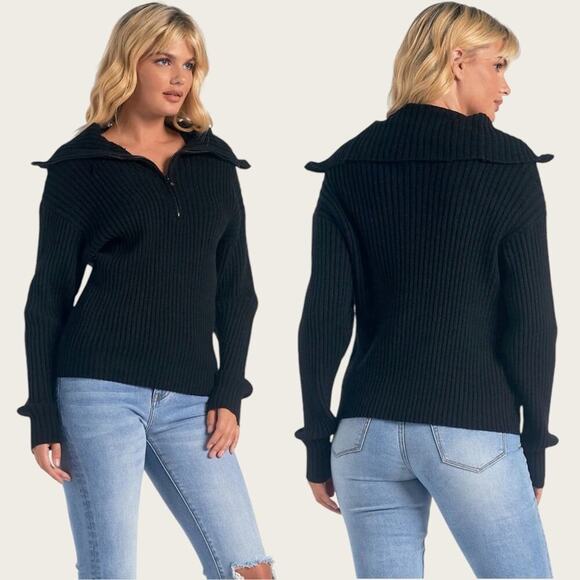 NWT | Elan | Willow 1/2 Zip Ribbed Sweater | Black | Small - Picture 1 of 13